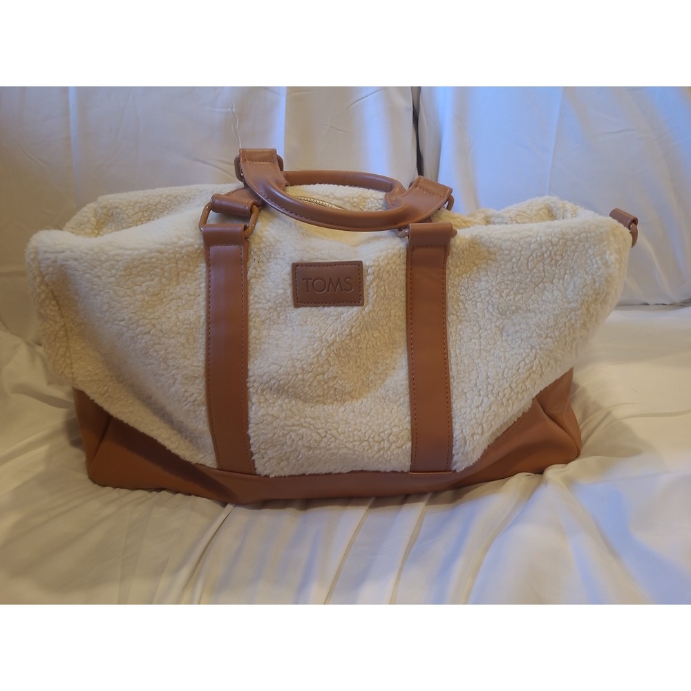 TOMS Ivory Sherpa Duffle Weekender Travel Bag Tote Cognac Brown-White